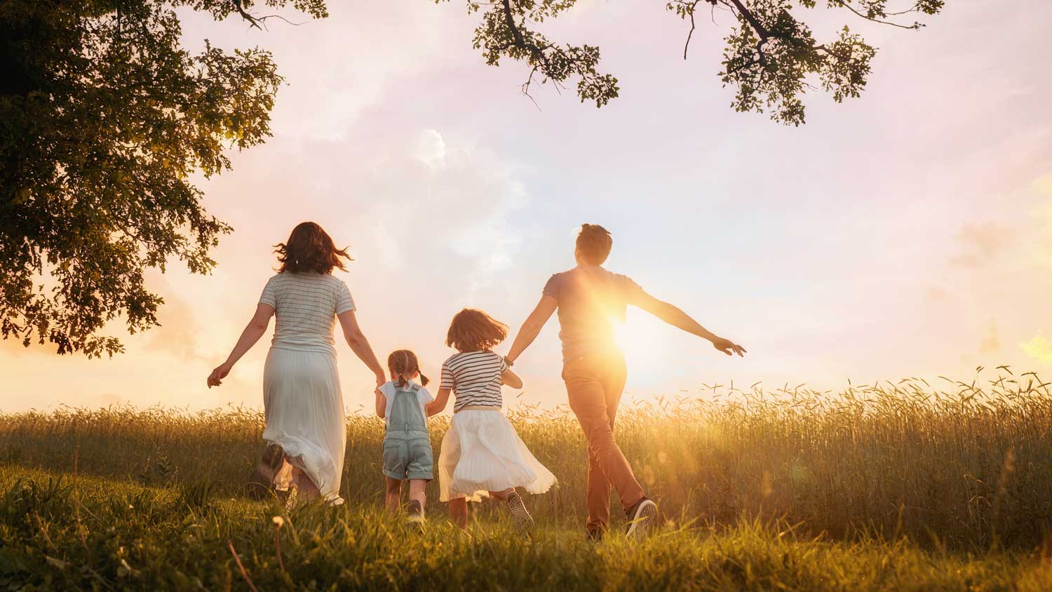 Family walking through tall grass with trees.